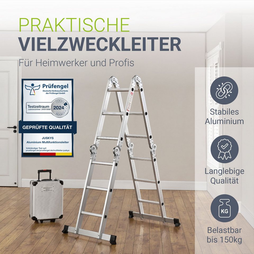 Juskys Multifunktionsleiter, Gelenksystem, rutschfeste Trittflächen, gummierte Standfüße