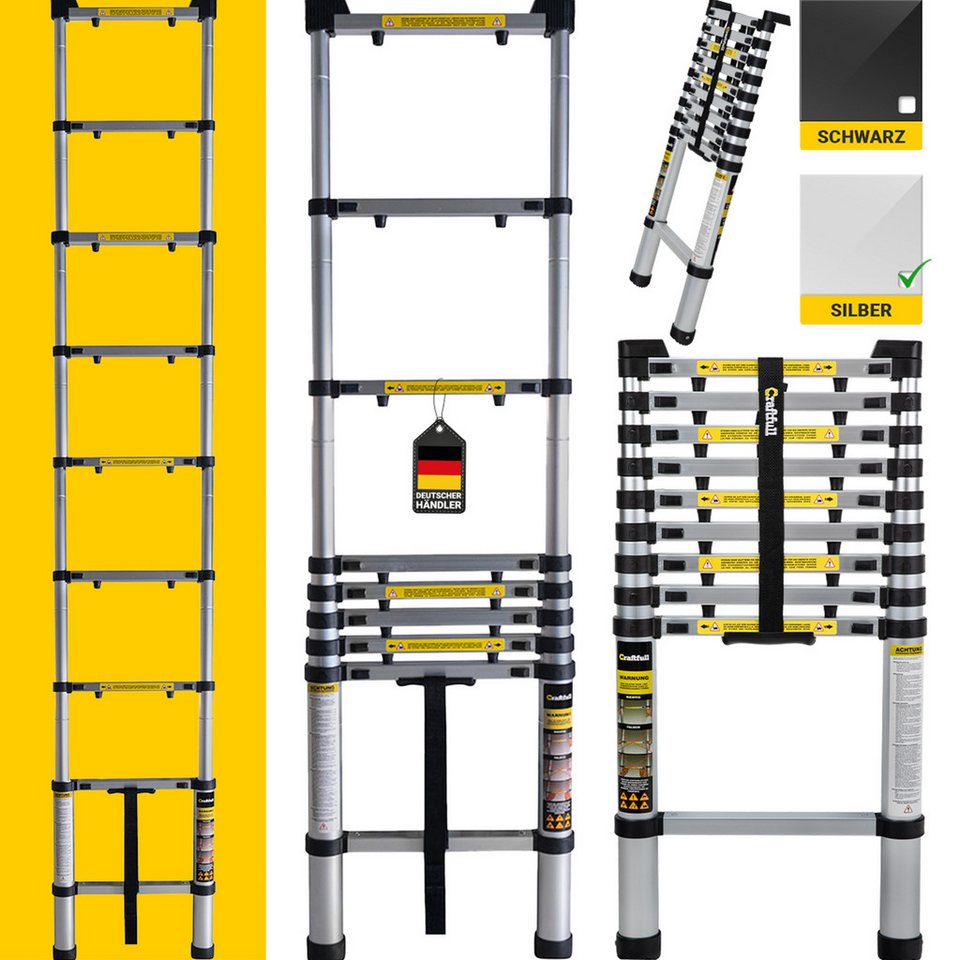 Craftfull Teleskopleiter CF-101A, Aluminiumleiter 2 - 4,4 m, Finger-Protection, 3 Jahre Garantie