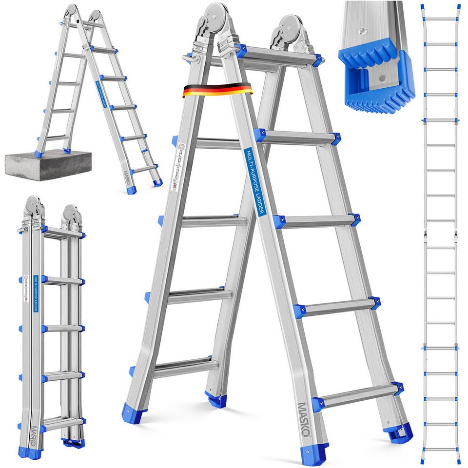 MASKO Aluminium Vielzweckleiter 6in1, 20 Sprossen, 520 cm, 150 kg, ausziehbar, rutschfest, multifunktional