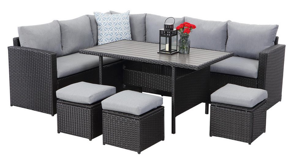 MeXo Rattan Loungeset 8 Personen, wetterfestes 7-teiliges Gartenmöbel Set mit Esstisch 132x76x67cm