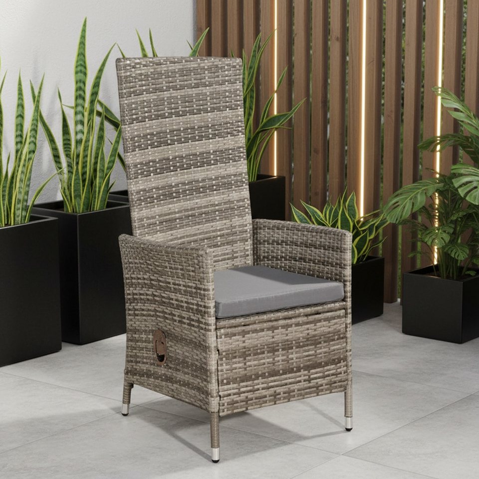 Melko Relaxsessel für Garten, Grau, Polyrattan, stilvolles Sitzmöbel für Balkon und Terrasse